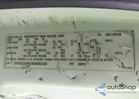 2018 Ford Transit-350 Xl из США, поврежденный, VIN 1FDZX2CM9JKB08230